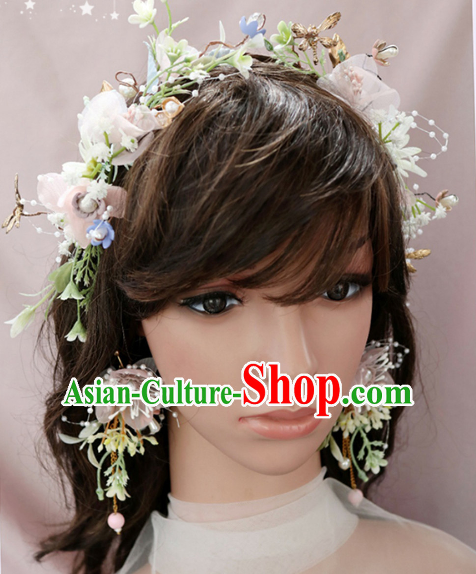 Romantic Handmade Beautiful Wedding Garland Hair Decoration and Earring Full Set for Girls