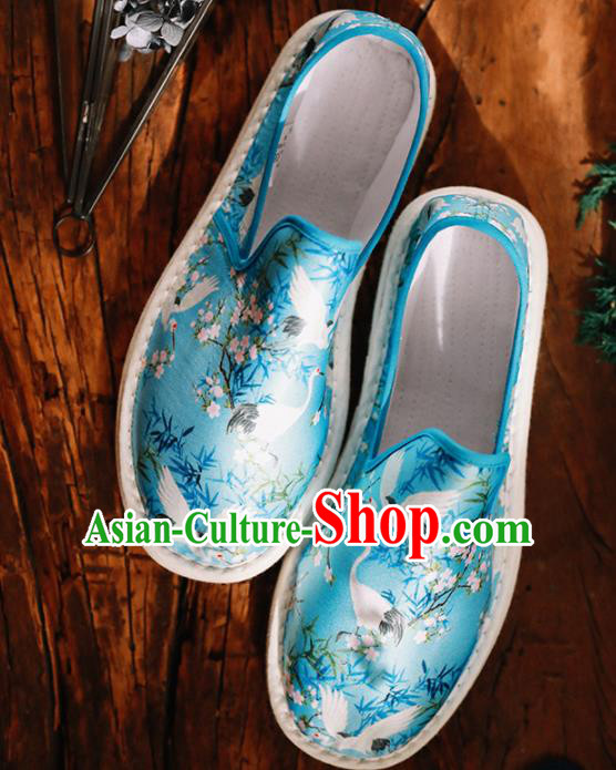 Chinese Handmade Printing Crane Blue Cloth Shoes Traditional National Shoes Ancient Hanfu Shoes for Women