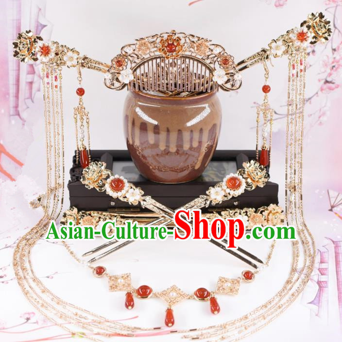 Chinese Handmade Palace Agate Hair Comb Hairpins Ancient Princess Hanfu Hair Accessories Headwear for Women