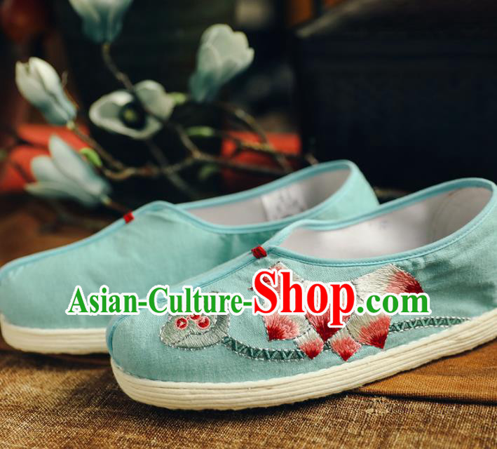 Chinese Handmade Cloth Shoes Traditional National Shoes Ancient Princess Embroidered Lotus Green Hanfu Shoes for Women