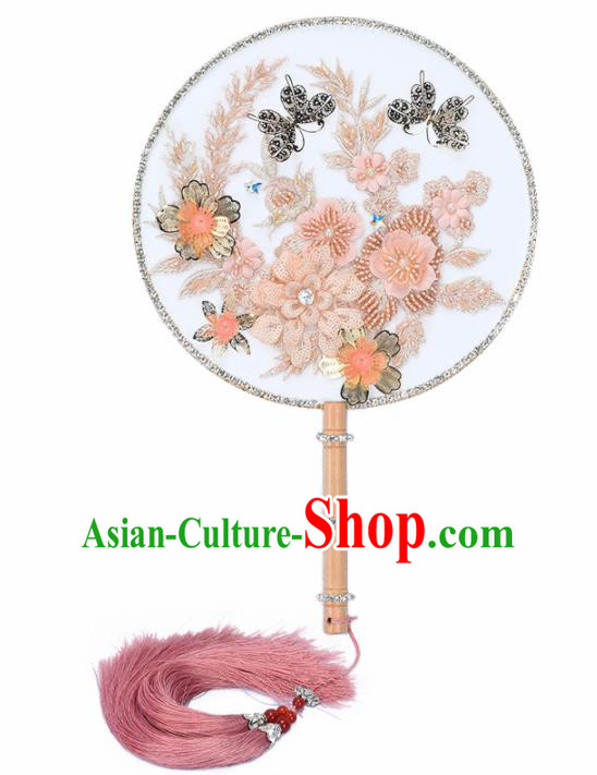 Chinese Traditional Wedding Pink Lace Round Fans Ancient Bride Palace Fan for Women