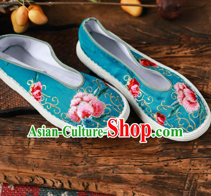 Chinese Handmade Blue Cloth Shoes Traditional National Shoes Ancient Princess Embroidered Peony Hanfu Shoes for Women