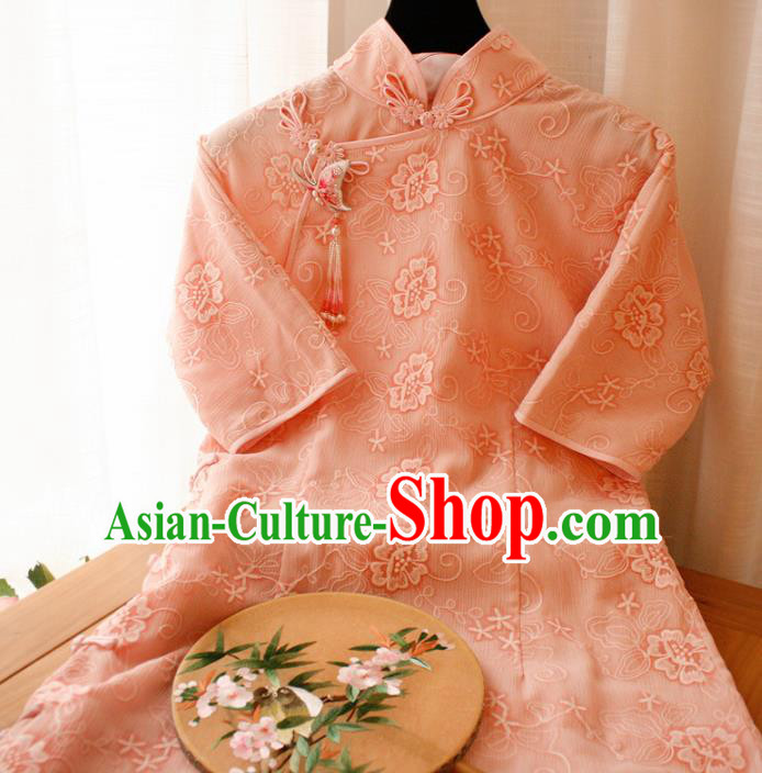 Chinese Classical National Embroidered Pink Cheongsam Traditional Tang Suit Qipao Dress for Women