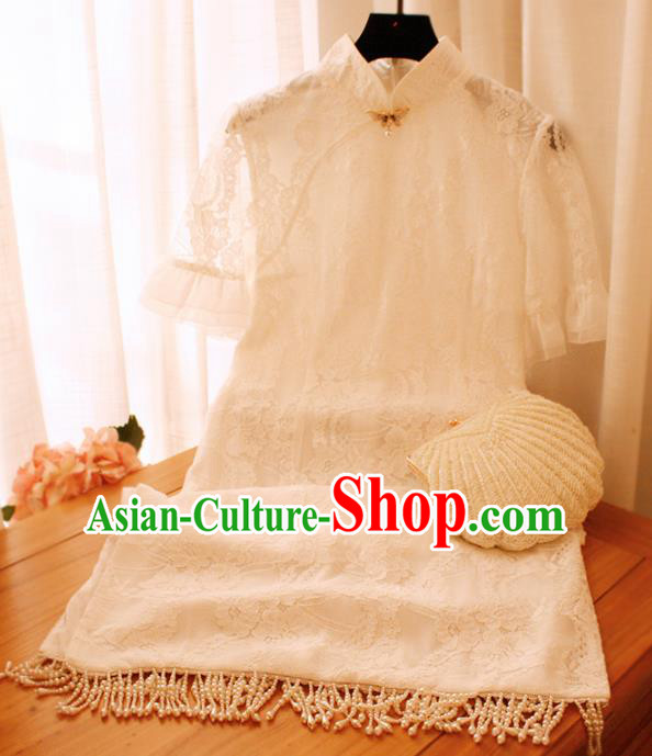 Chinese Classical National White Lace Cheongsam Traditional Tang Suit Qipao Dress for Women