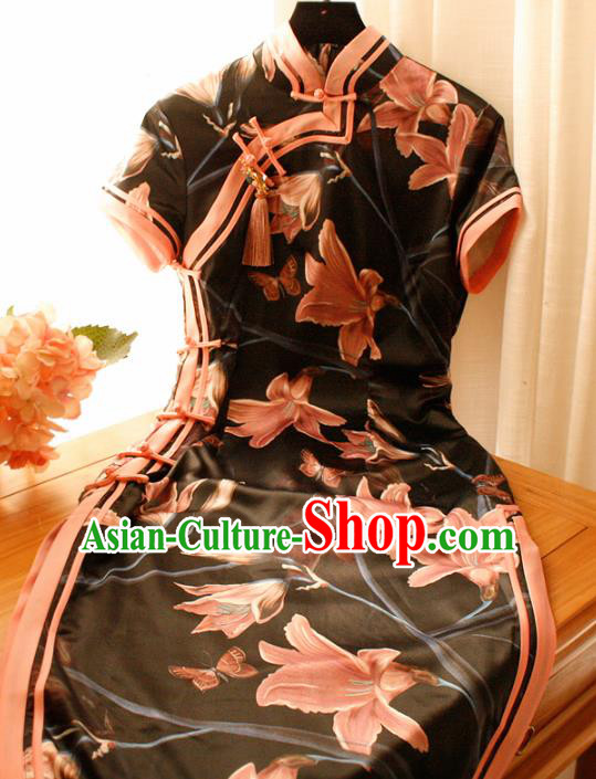 Chinese National Printing Black Cheongsam Traditional Classical Tang Suit Qipao Dress for Women
