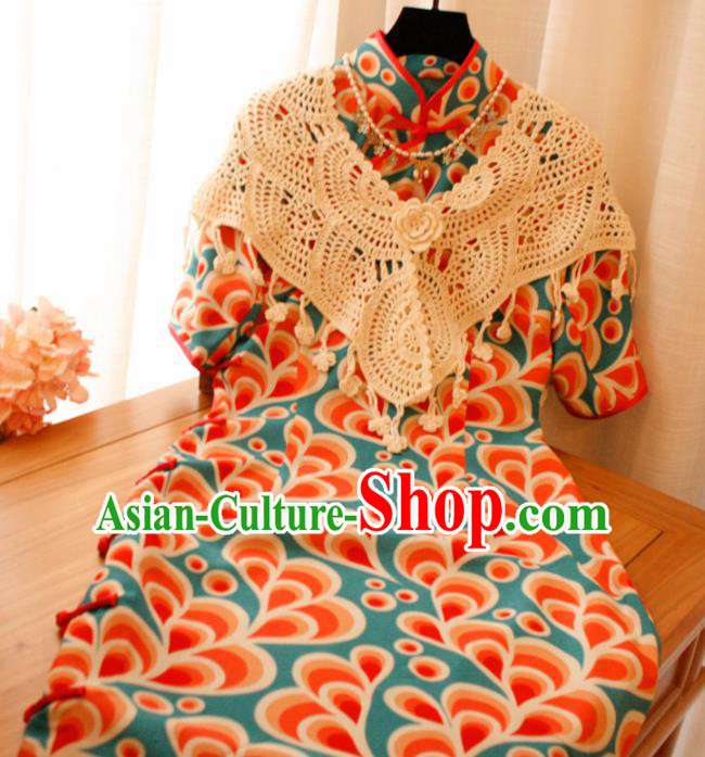 Chinese National Printing Blue Cheongsam Traditional Classical Tang Suit Qipao Dress for Women