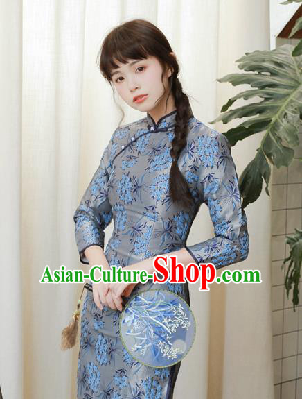 Chinese National Printing Grey Cheongsam Traditional Classical Tang Suit Qipao Dress for Women
