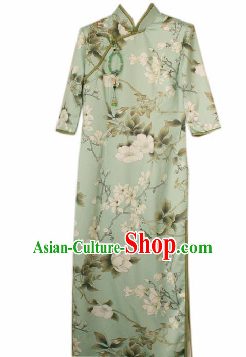 Chinese National Printing Green Cheongsam Traditional Classical Tang Suit Qipao Dress for Women