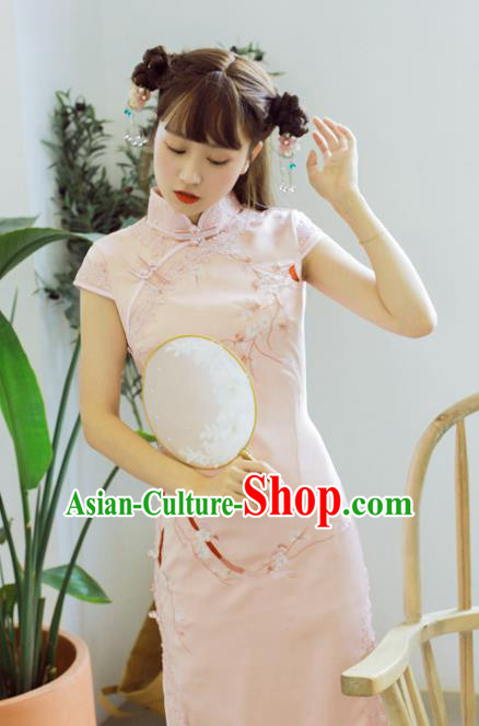 Traditional Chinese National Embroidered Pink Cheongsam Classical Tang Suit Qipao Dress for Women