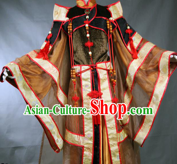 Chinese Traditional Cosplay Royal Highness Brown Costume Ancient Swordsman Hanfu Clothing for Men