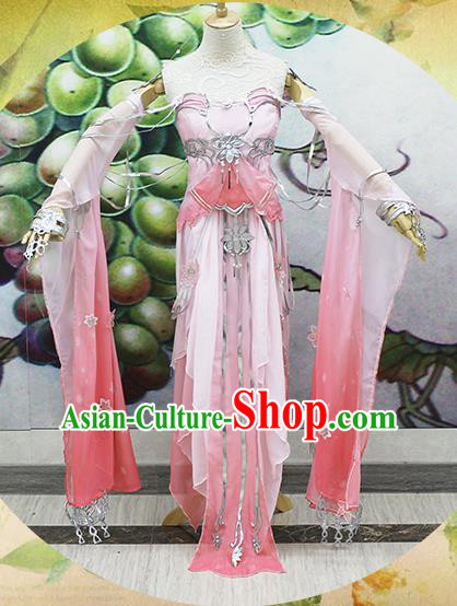 Chinese Traditional Cosplay Swordswoman Costume Ancient Peri Princess Pink Hanfu Dress for Women