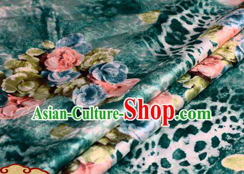 Chinese Traditional Hanfu Printing Roses Pattern Deep Green Brocade Material Cheongsam Classical Fabric Satin Silk Fabric