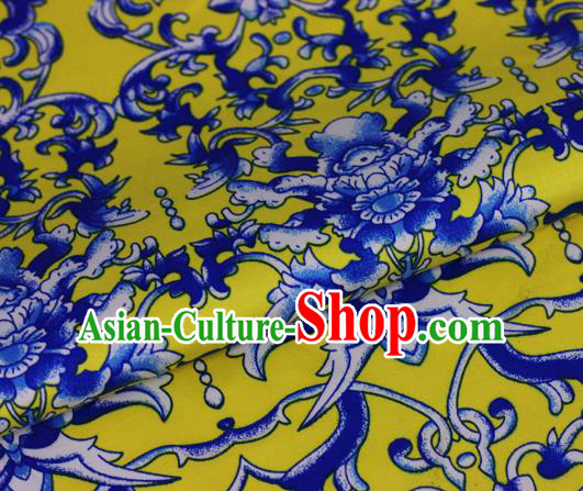 Chinese Traditional Fabric Cheongsam Printing Peony Pattern Yellow Brocade Material Hanfu Classical Satin Silk Fabric