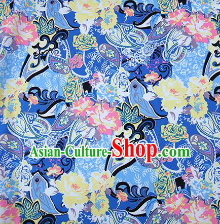 Chinese Traditional Fabric Cheongsam Printing Peony Blue Brocade Material Hanfu Classical Satin Silk Fabric
