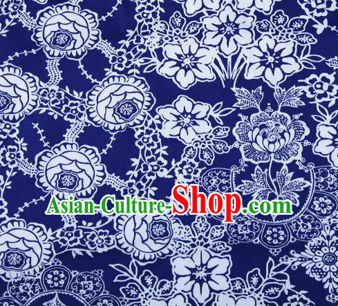 Chinese Traditional Fabric Cheongsam Printing Tulip Blue Brocade Material Hanfu Classical Satin Silk Fabric