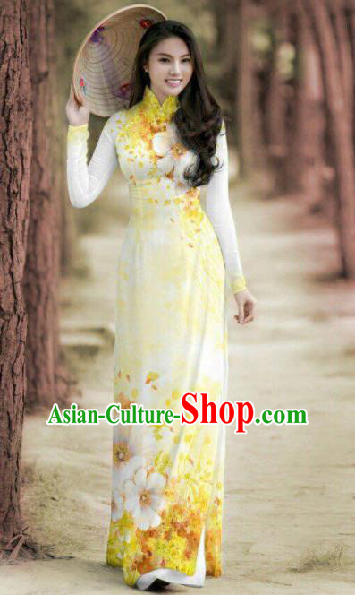 Vietnam Traditional Printing Yellow Ao Dai Dress Asian Vietnamese Bride Classical Cheongsam for Women