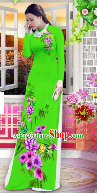 Vietnam Classical Printing Bamboo Lotus Green Ao Dai Dress Asian Traditional Vietnamese Bride Cheongsam for Women