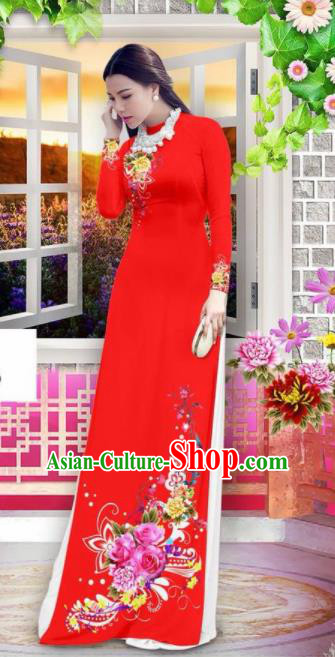 Vietnam Classical Wedding Red Ao Dai Dress Asian Traditional Vietnamese Bride Cheongsam for Women