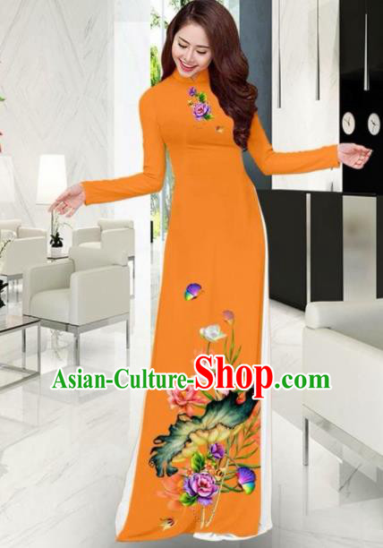 Vietnam National Costume Classical Printing Lotus Orange Ao Dai Dress Asian Traditional Vietnamese Cheongsam for Women