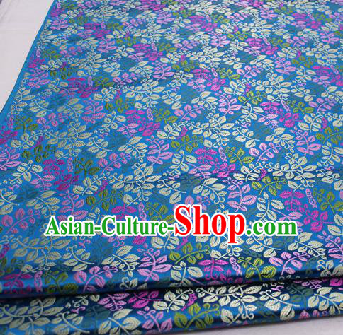 Asian Chinese Traditional Classical Leaf Pattern Blue Brocade Tang Suit Satin Fabric Material Classical Silk Fabric
