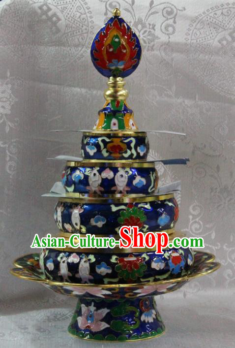 Chinese Traditional Buddhism Brass Cloisonne Blue Tray Feng Shui Items Vajrayana Buddhist Teaboard Decoration