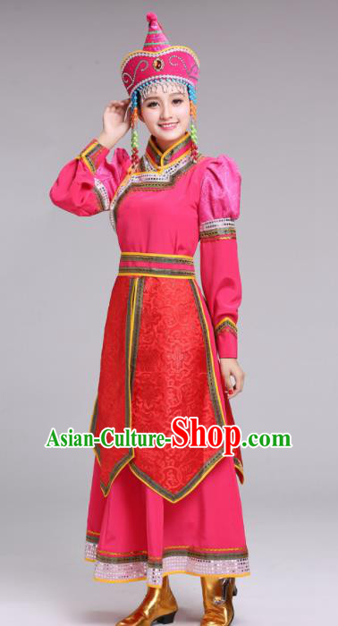 Chinese Mongolian Ethnic Folk Dance Rosy Dress Traditional Mongol Nationality Princess Costume for Women