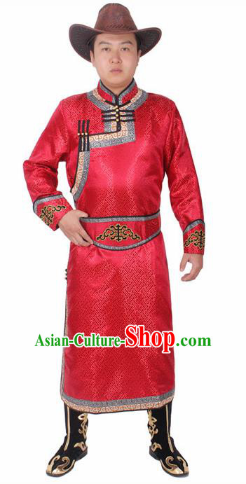 Chinese Ethnic Prince Costume Red Mongolian Robe Traditional Mongol Nationality Folk Dance Clothing for Men