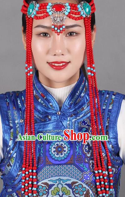 Chinese Mongolian Ethnic Tassel Hair Accessories Traditional Mongol Nationality Folk Dance Red Beads Headband for Kids