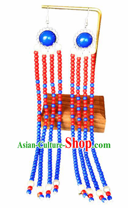 Chinese Mongolian Ethnic Beads Tassel Ear Accessories Traditional Mongol Nationality Folk Dance Earrings for Women