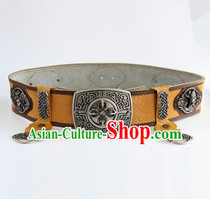 Chinese Mongolian Ethnic Waist Accessories Traditional Mongol Nationality Yellow Leather Belts for Men