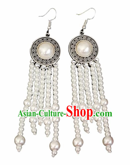 Chinese Mongolian Ethnic Ear Accessories Traditional Mongol Nationality White Beads Tassel Earrings for Women