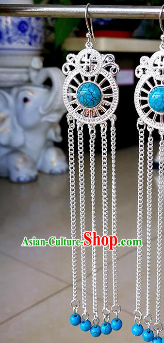 Traditional Chinese Mongolian Ethnic Blue Beads Ear Accessories Mongol Nationality Earrings for Women