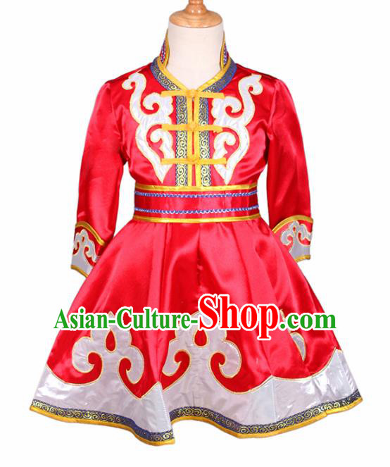Chinese Ethnic Costume Red Mongolian Dress Traditional Mongol Nationality Folk Dance Clothing for Kids