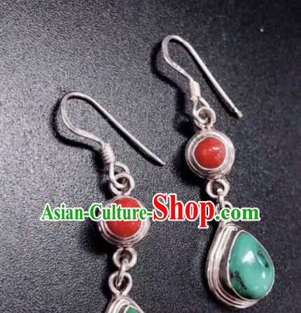 Traditional Chinese Mongol Nationality Ear Accessories Mongolian Ethnic Sliver Kallaite Earrings for Women