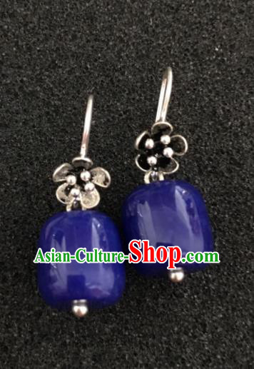 Traditional Chinese Mongol Nationality Blue Stone Ear Accessories Mongolian Ethnic Earrings for Women
