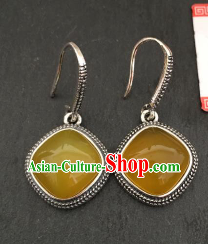 Chinese Mongol Nationality Yellow Chalcedony Ear Accessories Traditional Mongolian Ethnic Sliver Earrings for Women
