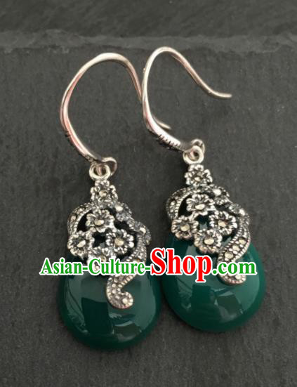 Chinese Mongol Nationality Green Jade Ear Accessories Traditional Mongolian Ethnic Sliver Earrings for Women