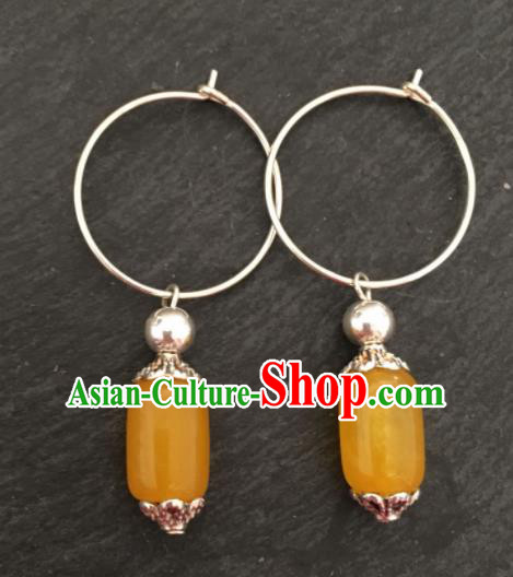 Chinese Mongol Nationality Yellow Chalcedony Ear Accessories Traditional Mongolian Ethnic Earrings for Women