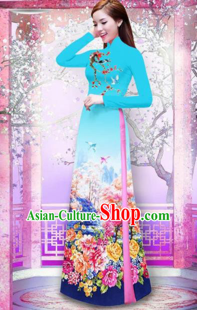 Vietnam Traditional National Printing Peony Blue Ao Dai Dress Asian Vietnamese Cheongsam for Women