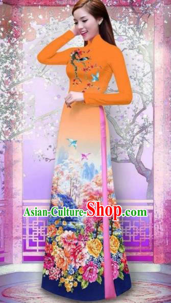 Vietnam Traditional National Printing Peony Orange Ao Dai Dress Asian Vietnamese Cheongsam for Women