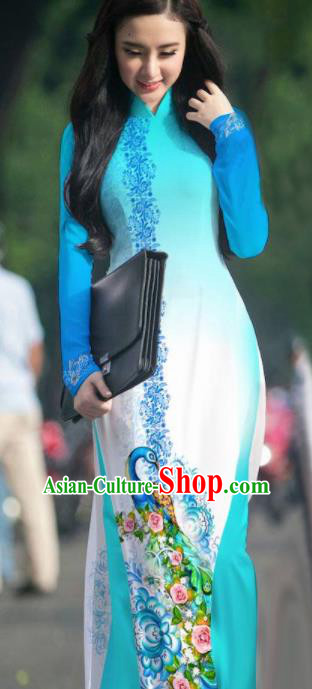 Vietnam Traditional National Blue Ao Dai Dress Asian Vietnamese Cheongsam for Women