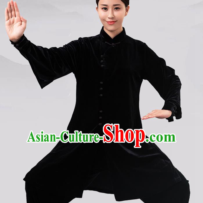 Traditional Chinese Martial Arts Competition Black Velvet Costume Tai Ji Kung Fu Training Clothing for Women
