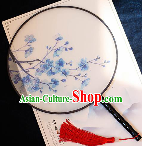 Chinese Traditional Printing Blue Plum Blossom Silk Round Fans Handmade Classical Palace Fans for Women