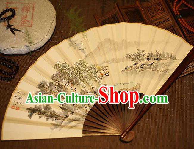 Chinese Traditional Handmade Printing Xuan Paper Fans Classical Rosewood Folding Fans for Men