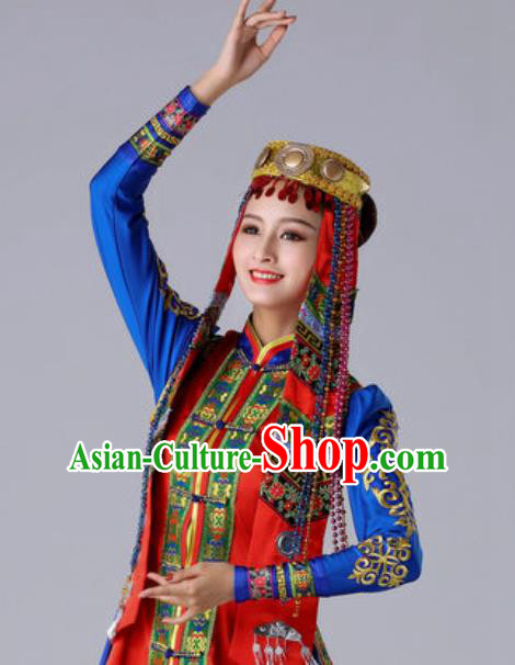 Chinese Traditional Ethnic Princess Costume Mongolian Nationality Folk Dance Blue Dress for Women