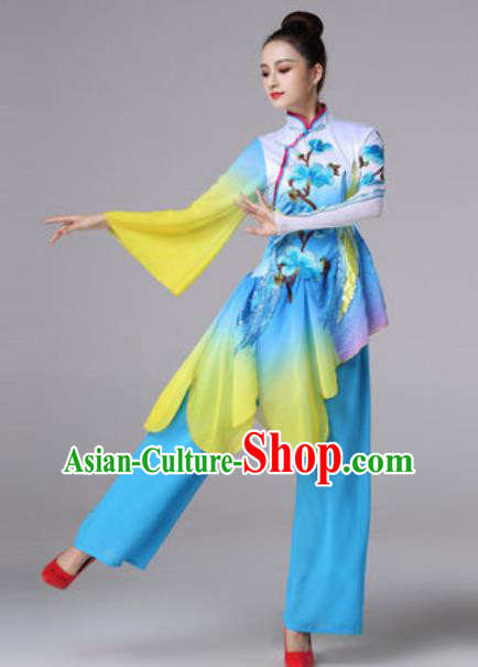 Chinese Traditional Umbrella Dance Costume Classical Dance Fan Dance Stage Performance Blue Dress for Women