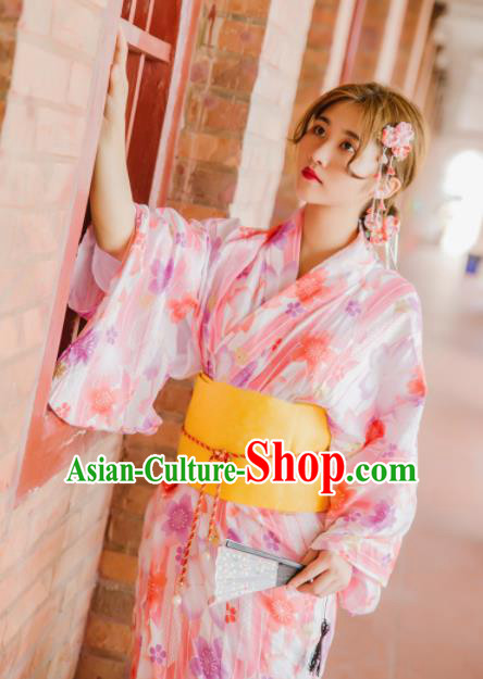Japanese Traditional Handmade Printing Kimono Pink Dress Asian Japan Geisha Yukata Costume for Women