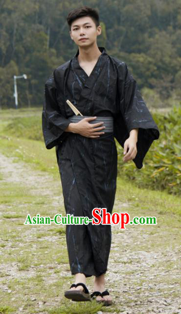 Japanese Traditional Handmade Printing Black Kimono Robe Asian Japan Yukata Costume for Men