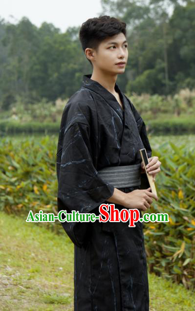 Japanese Traditional Handmade Printing Black Kimono Robe Asian Japan Yukata Costume for Men