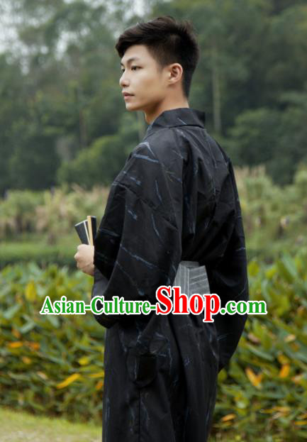 Japanese Traditional Handmade Printing Black Kimono Robe Asian Japan Yukata Costume for Men